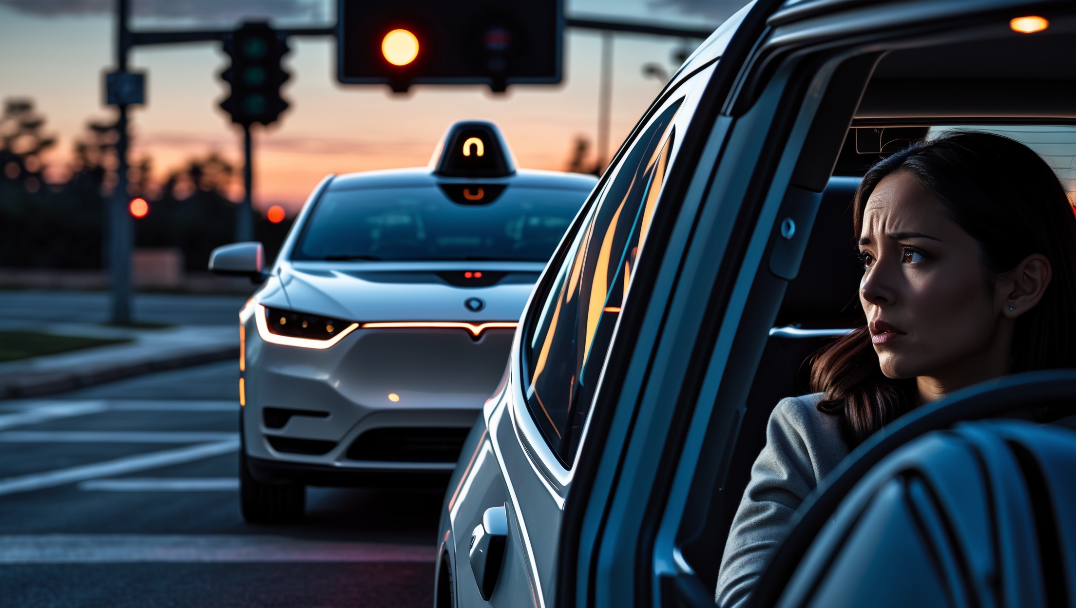Waymo self-driving car navigating through intersection at night